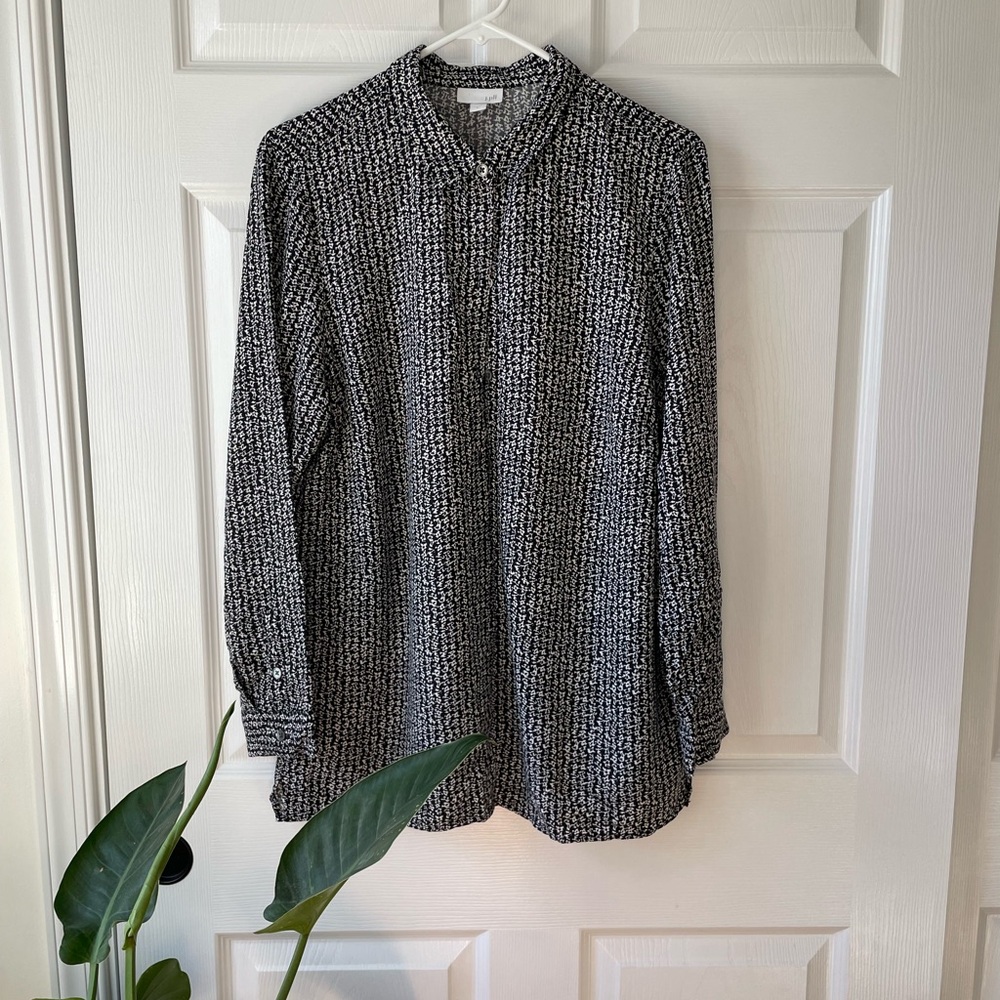 J. Jill Black White Button Front Long Sleeve Blouse Womens Large